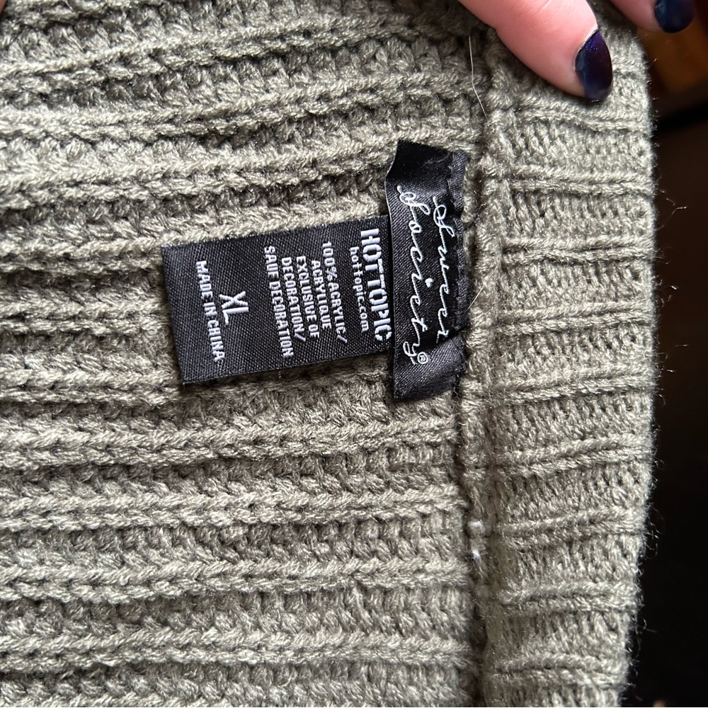 Hot Topic Olive Frog Sweater with Blue Floral Detail - Picture 2 of 4